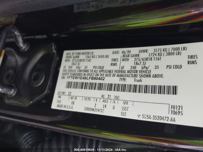 2020 FORD F-150 VIN: 1FTEW1E48LFB80402