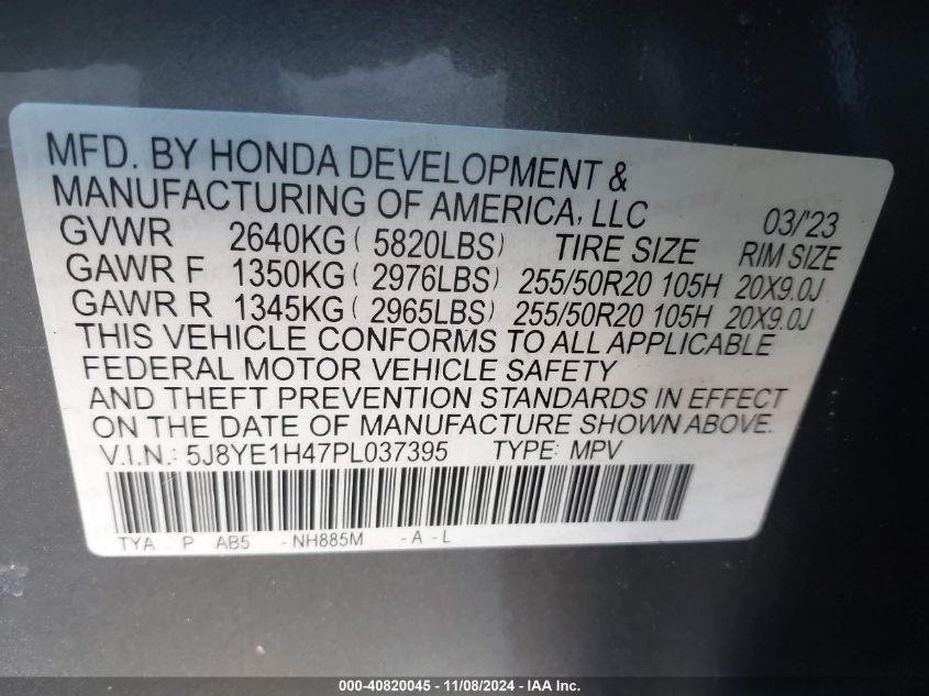 2023 Acura Mdx Technology Package VIN: 5J8YE1H47PL037395 Lot: 40820045