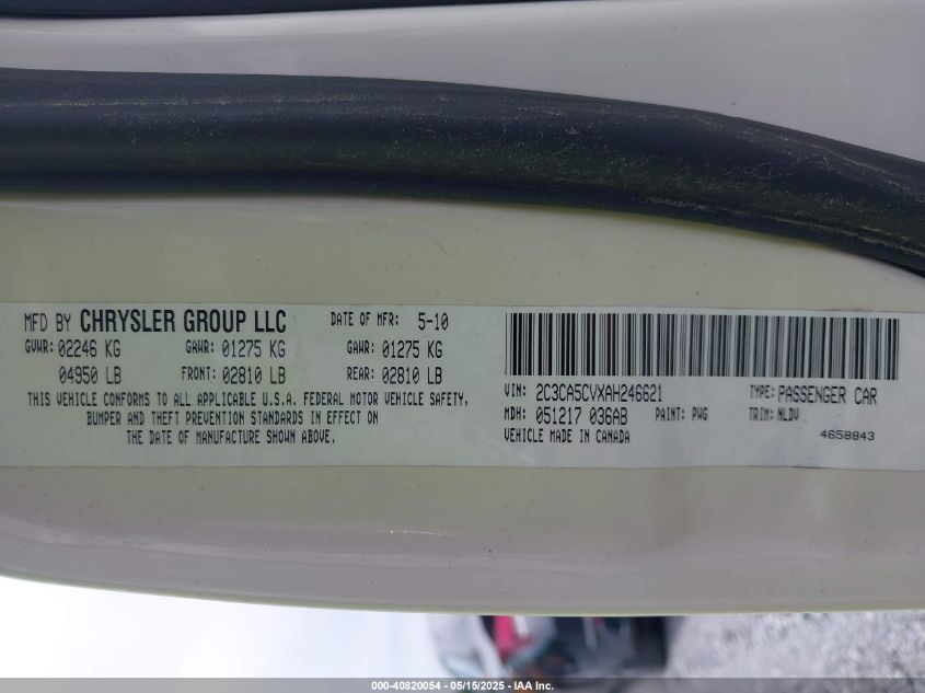 2010 Chrysler 300 Touring/Signature Series/Executive Series VIN: 2C3CA5CVXAH246621 Lot: 40820054