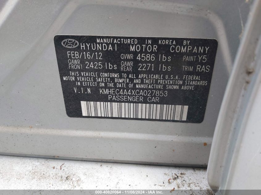 2012 Hyundai Sonata Hybrid VIN: KMHEC4A4XCA027853 Lot: 40820064