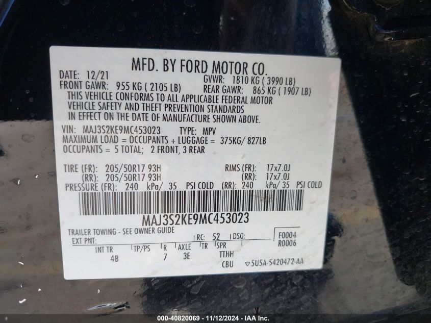 2021 Ford Ecosport Titanium VIN: MAJ3S2KE9MC453023 Lot: 40820069