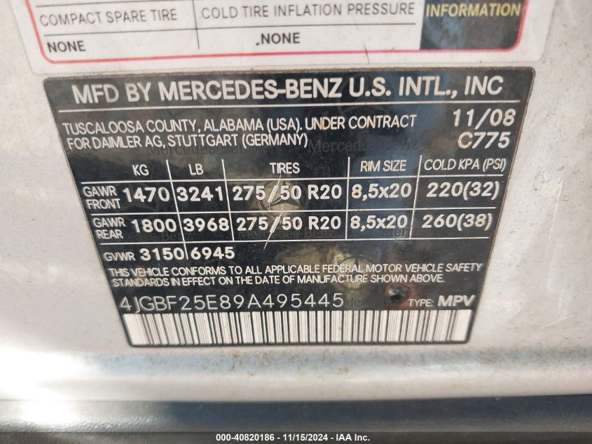 2009 Mercedes-Benz Gl 320 Bluetec 4Matic VIN: 4JGBF25E89A495445 Lot: 40820186