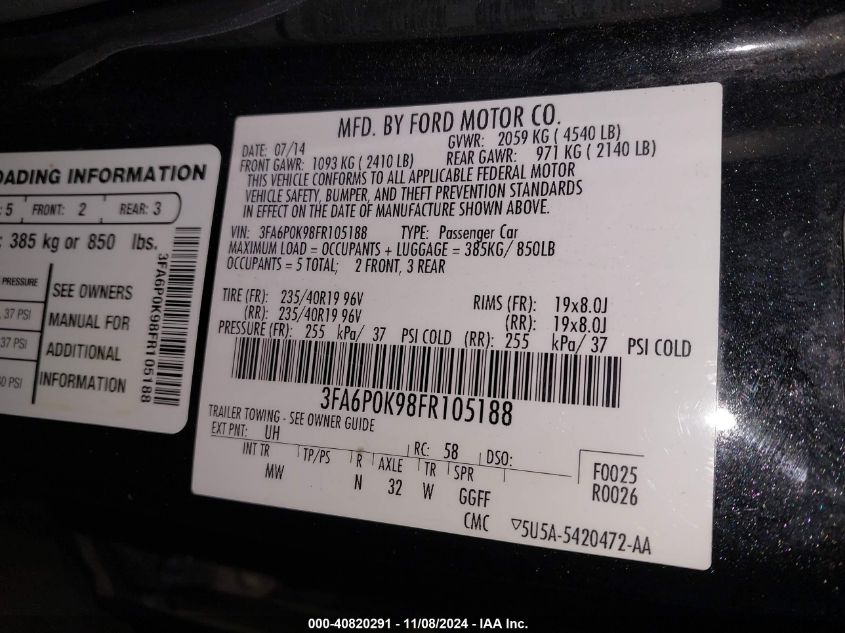 2015 Ford Fusion Titanium VIN: 3FA6P0K98FR105188 Lot: 40820291