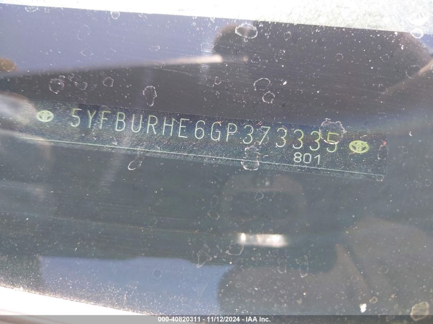 2016 TOYOTA COROLLA VIN: 5YFBURHE6GP373335