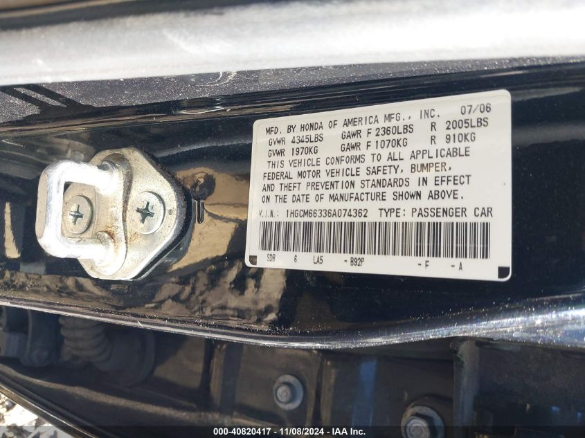 2006 Honda Accord 3.0 Lx VIN: 1HGCM66336A074362 Lot: 40820417