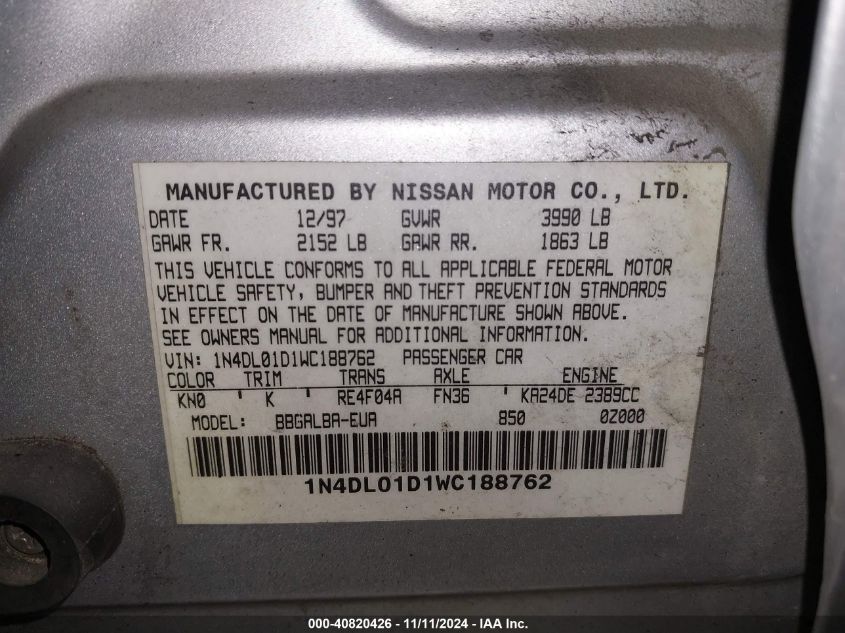 1998 Nissan Altima Xe/Gxe/Se/Gle VIN: 1N4DL01D1WC188762 Lot: 40820426