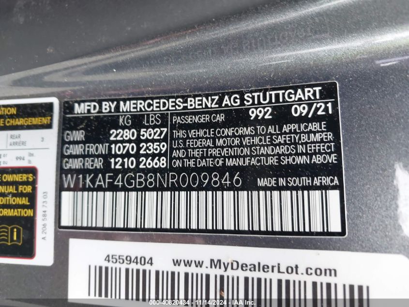 2022 Mercedes-Benz C 300 Sedan VIN: W1KAF4GB8NR009846 Lot: 40820434