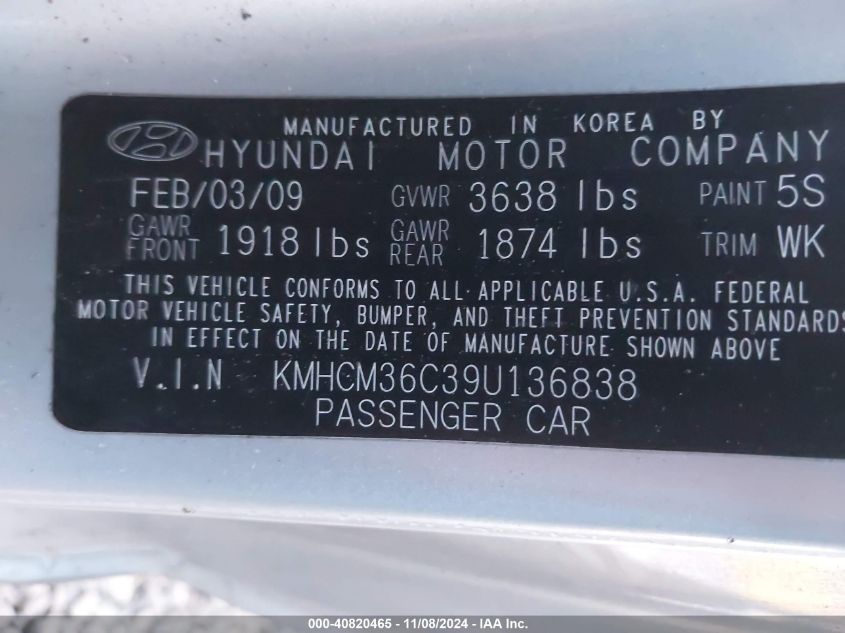 2009 Hyundai Accent Gs VIN: KMHCM36C39U136838 Lot: 40820465