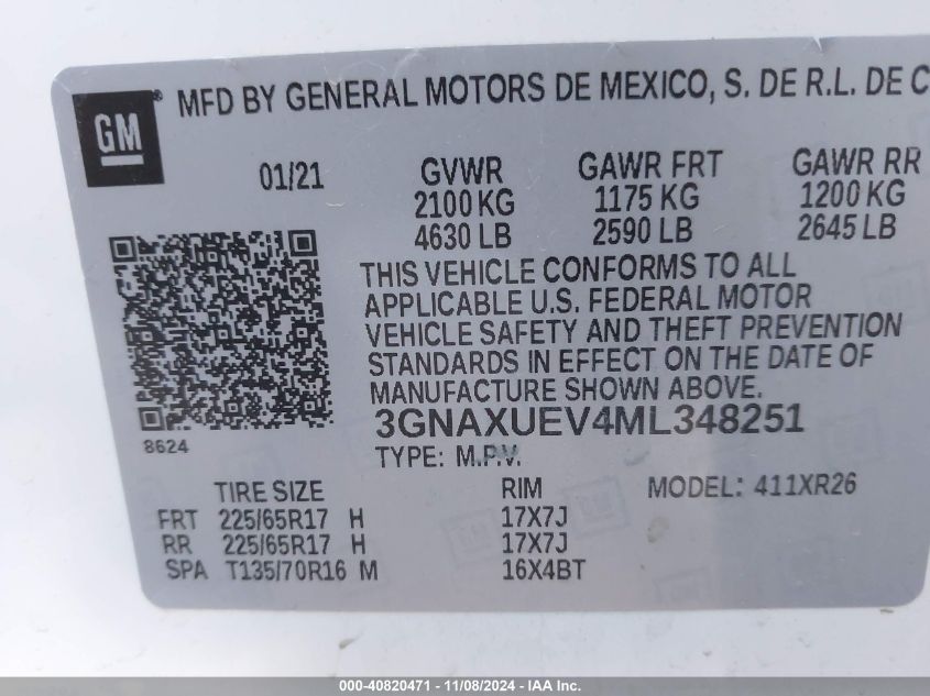 2021 Chevrolet Equinox Awd Lt VIN: 3GNAXUEV4ML348251 Lot: 40820471