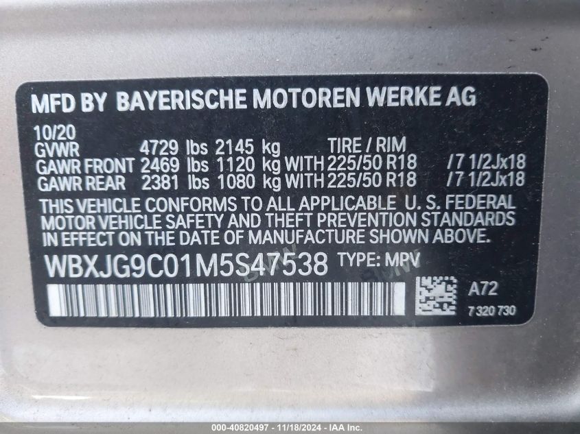 2021 BMW X1 xDrive28I VIN: WBXJG9C01M5S47538 Lot: 40820497