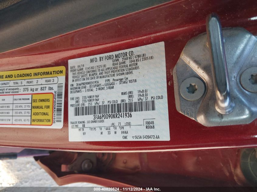 2019 FORD FUSION VIN: 3FA6P0D90KR241936