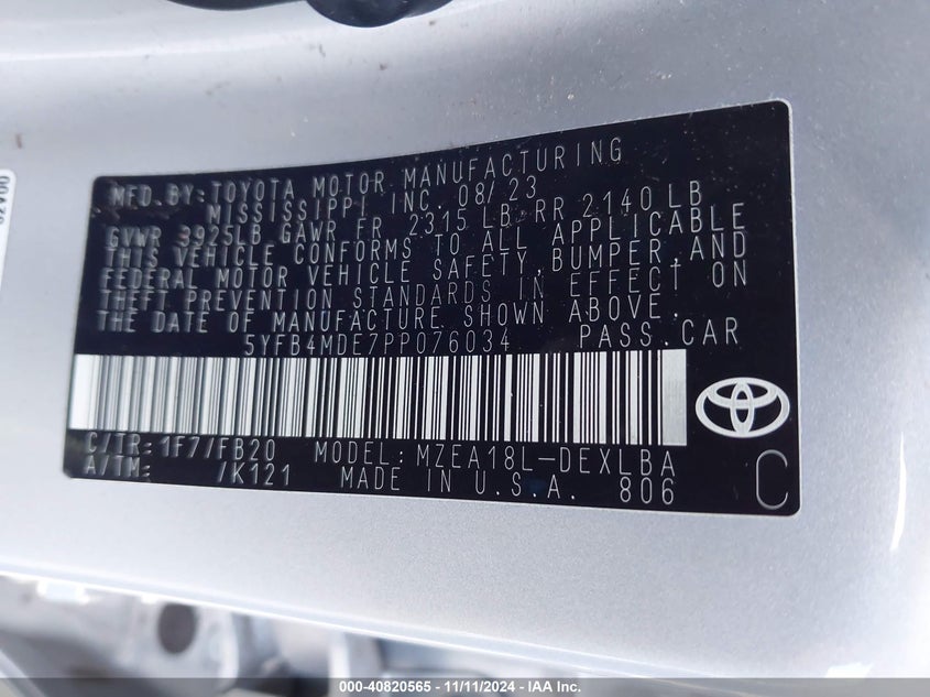 2023 TOYOTA COROLLA VIN: 5YFB4MDE7PP076034
