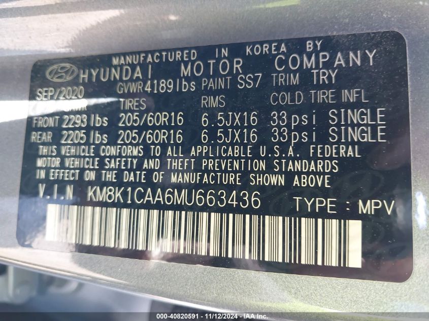 2021 Hyundai Kona Se VIN: KM8K1CAA6MU663436 Lot: 40820591