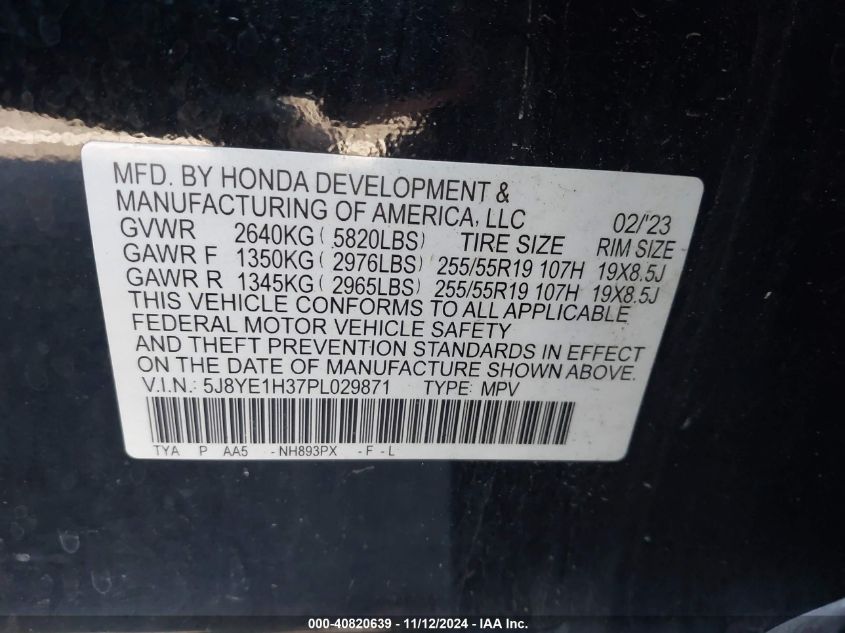 2023 Acura Mdx Standard VIN: 5J8YE1H37PL029871 Lot: 40820639