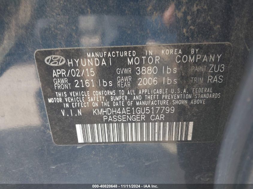 2016 Hyundai Elantra Se VIN: KMHDH4AE1GU517799 Lot: 40820648