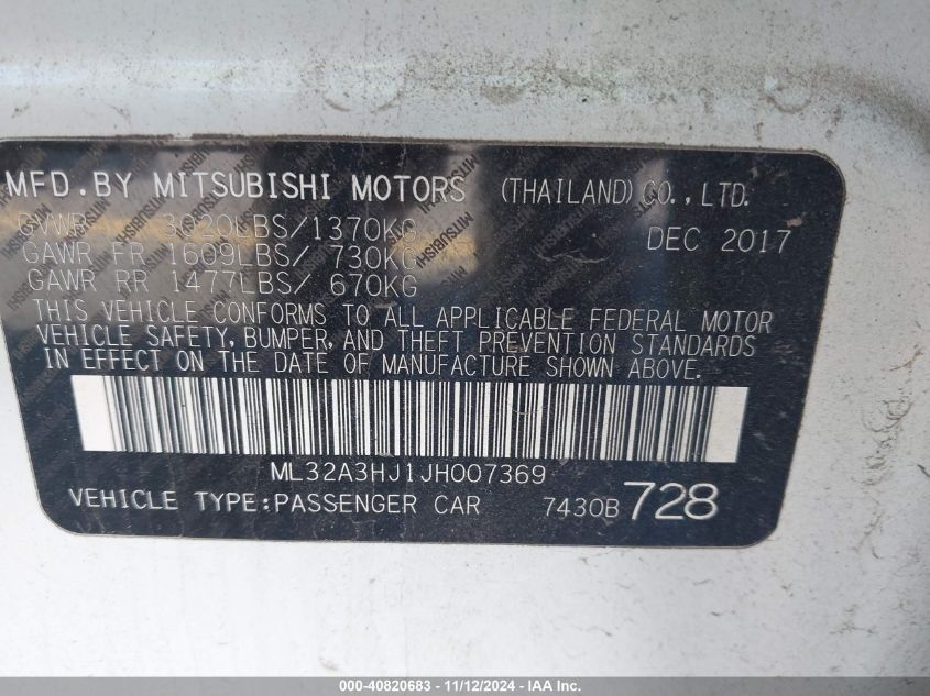 2018 Mitsubishi Mirage Es VIN: ML32A3HJ1JH007369 Lot: 40820683