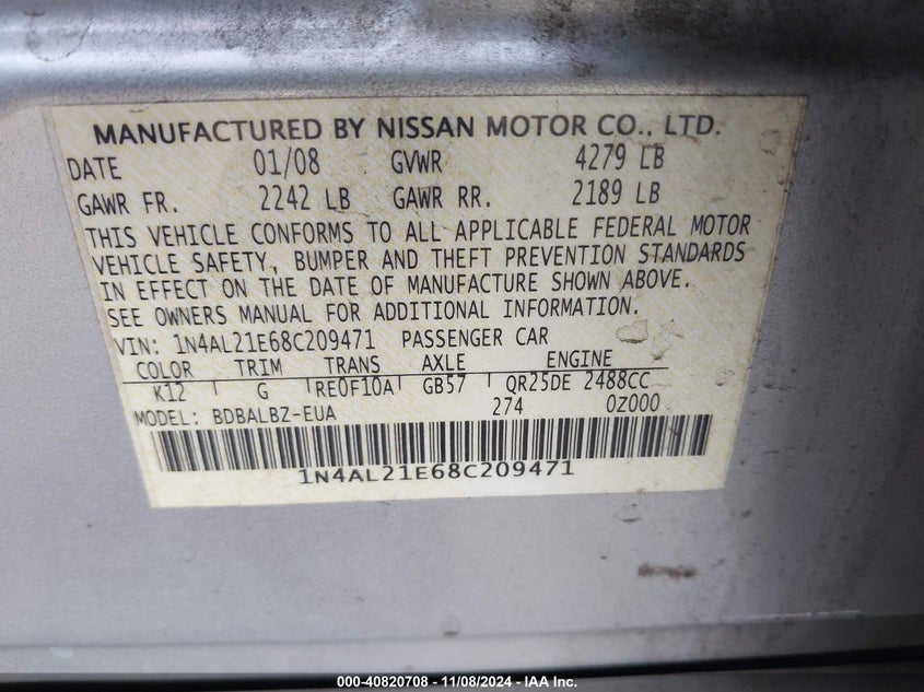 2008 NISSAN ALTIMA VIN: 1N4AL21E68C209471