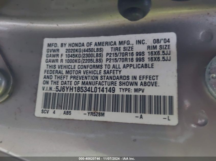 2004 Honda Element Ex VIN: 5J6YH18534L014149 Lot: 40820746