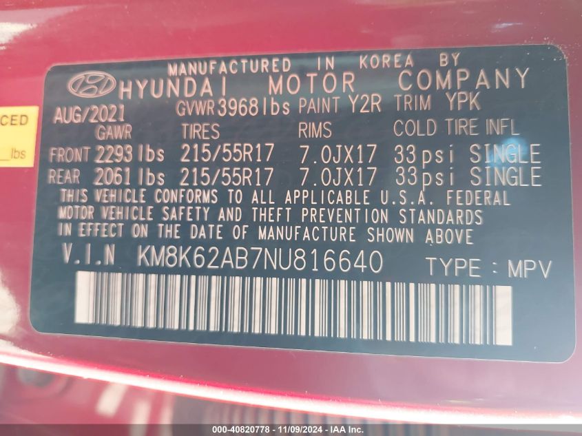 2022 Hyundai Kona Sel VIN: KM8K62AB7NU816640 Lot: 40820778