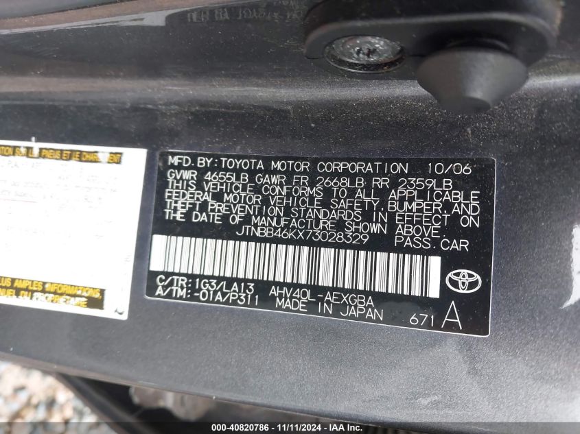 2007 Toyota Camry VIN: JTNBB46KX73028329 Lot: 40820786