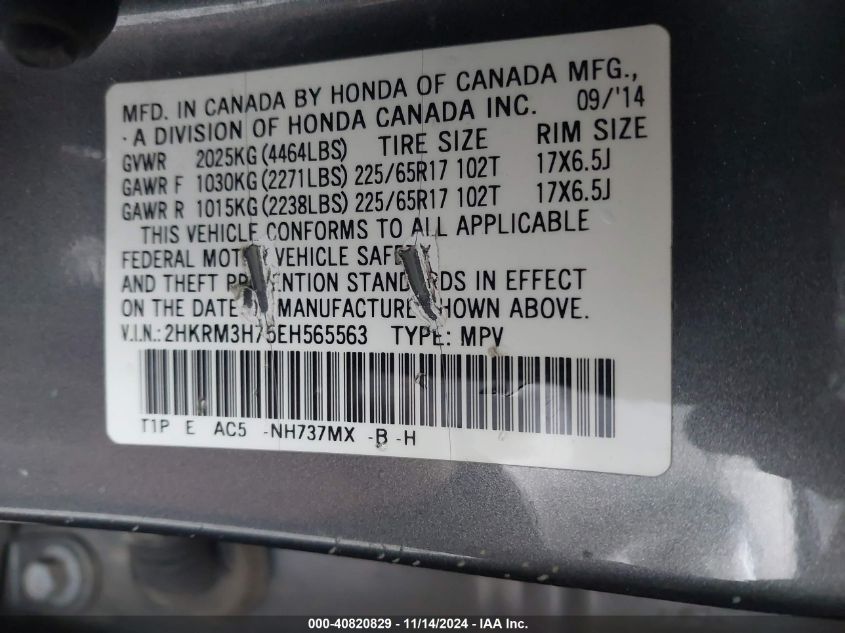 VIN 2HKRM3H75EH565563 2014 Honda CR-V, Ex-L no.9