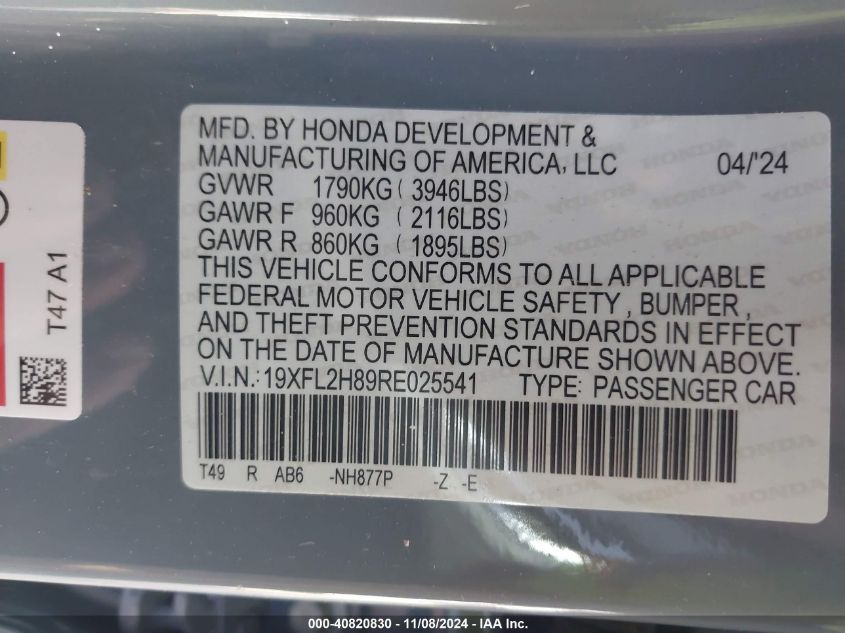 2024 Honda Civic Sport VIN: 19XFL2H89RE025541 Lot: 40820830