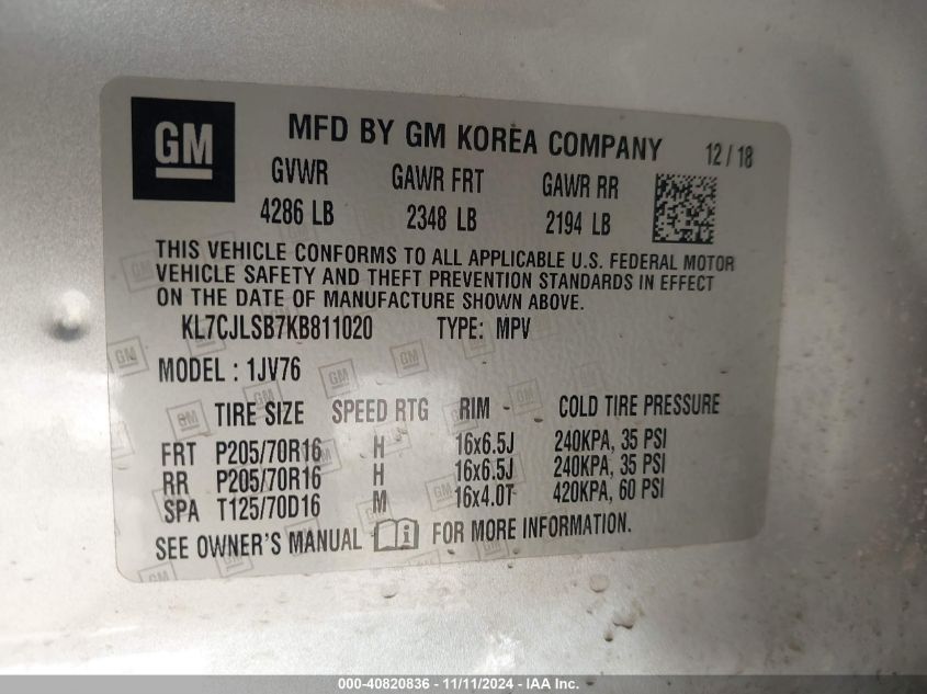 VIN KL7CJLSB7KB811020 2019 CHEVROLET TRAX no.9