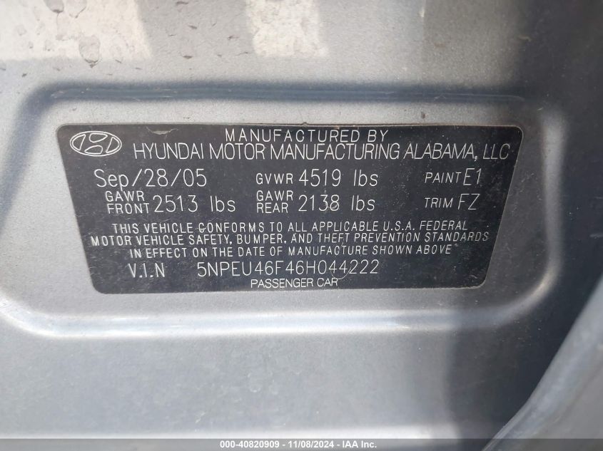 2006 Hyundai Sonata Gls V6/Lx V6 VIN: 5NPEU46F46H044222 Lot: 40820909