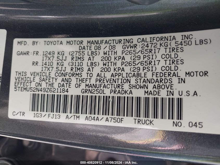 2009 Toyota Tacoma Double Cab Long Bed VIN: 5TEMU52N49Z621184 Lot: 40820912