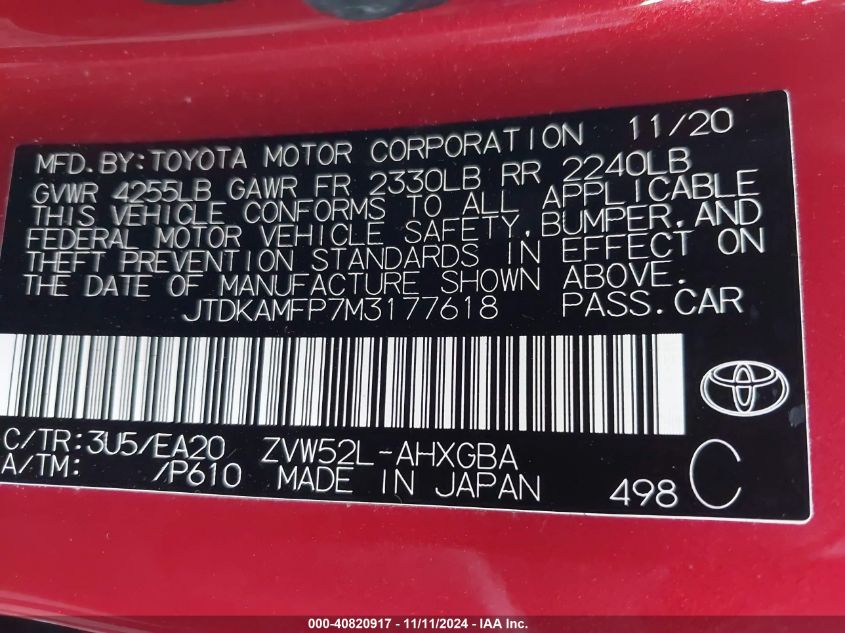 2021 Toyota Prius Prime Xle VIN: JTDKAMFP7M3177618 Lot: 40820917