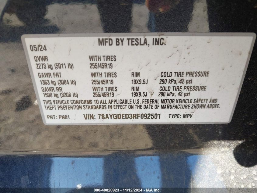 2024 Tesla Model Y Long Range Dual Motor All-Wheel Drive/Rwd VIN: 7SAYGDED3RF092501 Lot: 40820923