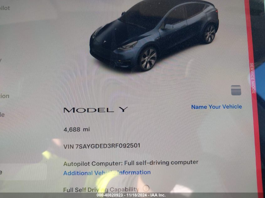 2024 Tesla Model Y Long Range Dual Motor All-Wheel Drive/Rwd VIN: 7SAYGDED3RF092501 Lot: 40820923