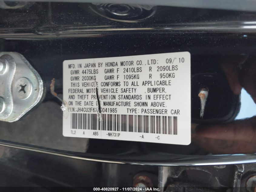 2010 Acura Tsx 2.4 VIN: JH4CU2F6XAC041985 Lot: 40820927