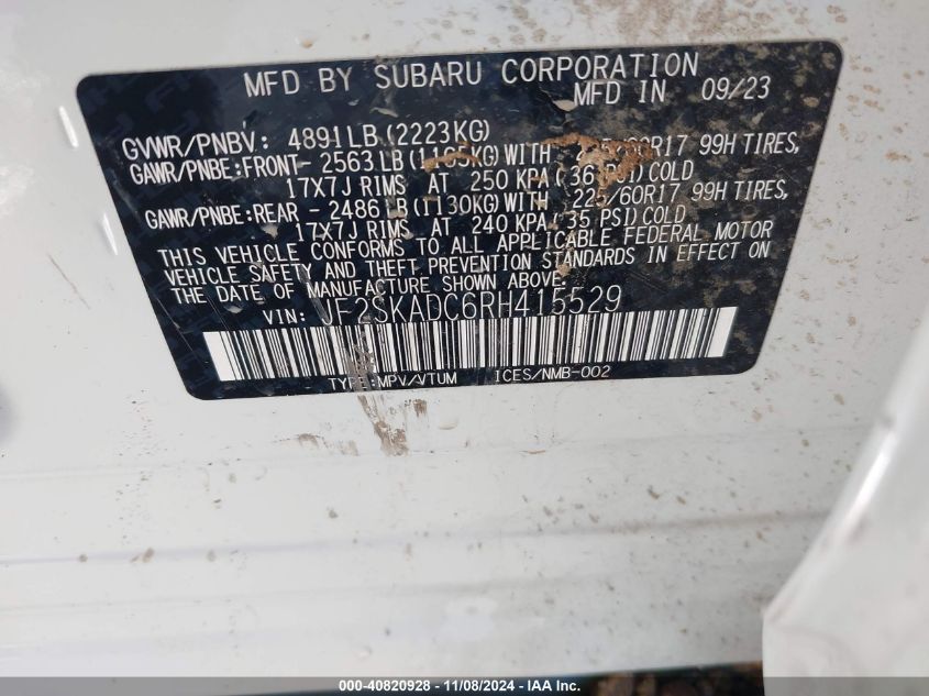 2024 SUBARU FORESTER 2.5L H-4 DI, DOHC, V(VIN: JF2SKADC6RH415529