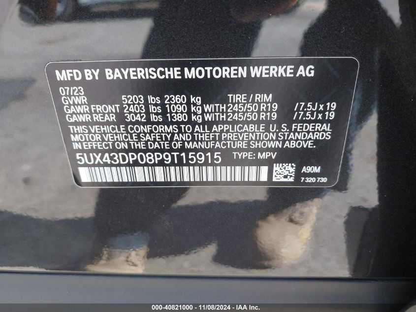 2023 BMW X3 Sdrive30I VIN: 5UX43DP08P9T15915 Lot: 40821000