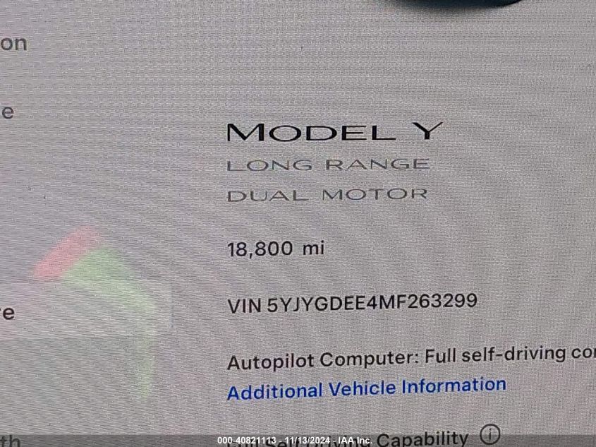 2021 Tesla Model Y Long Range Dual Motor All-Wheel Drive VIN: 5YJYGDEE4MF263299 Lot: 40821113