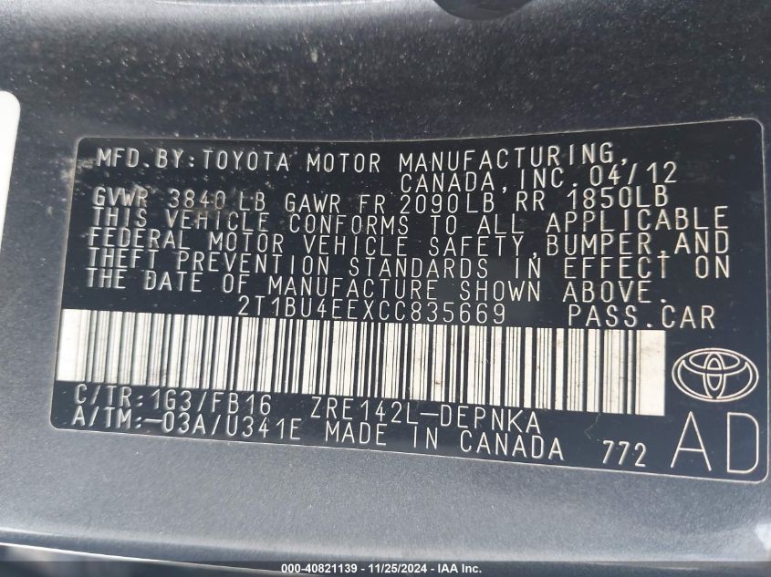 2012 Toyota Corolla L/Le/S VIN: 2T1BU4EEXCCA83566 Lot: 40821139