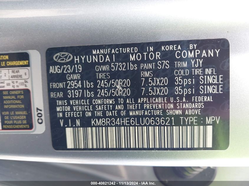 2020 Hyundai Palisade Sel VIN: KM8R34HE6LU063621 Lot: 40821242