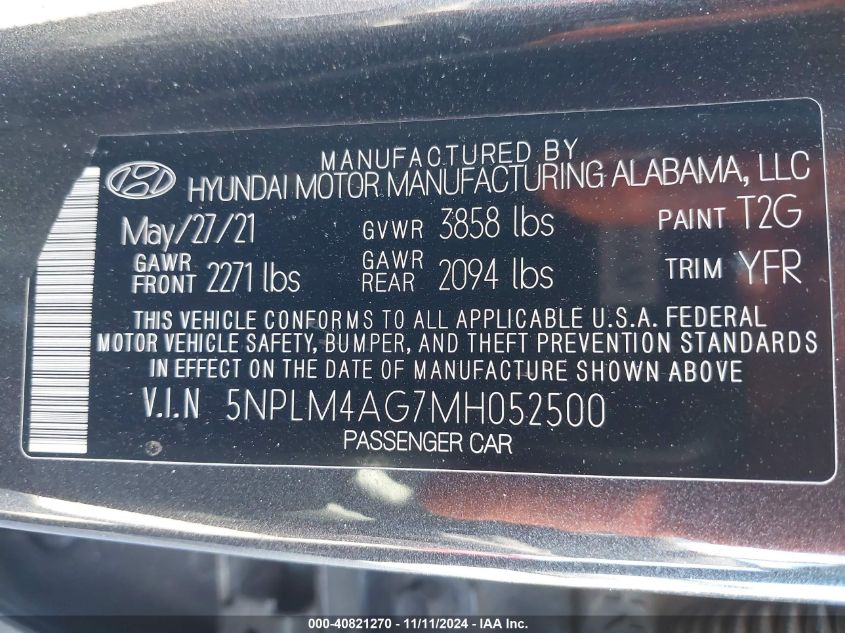 2021 Hyundai Elantra Sel VIN: 5NPLM4AG7MH052500 Lot: 40821270