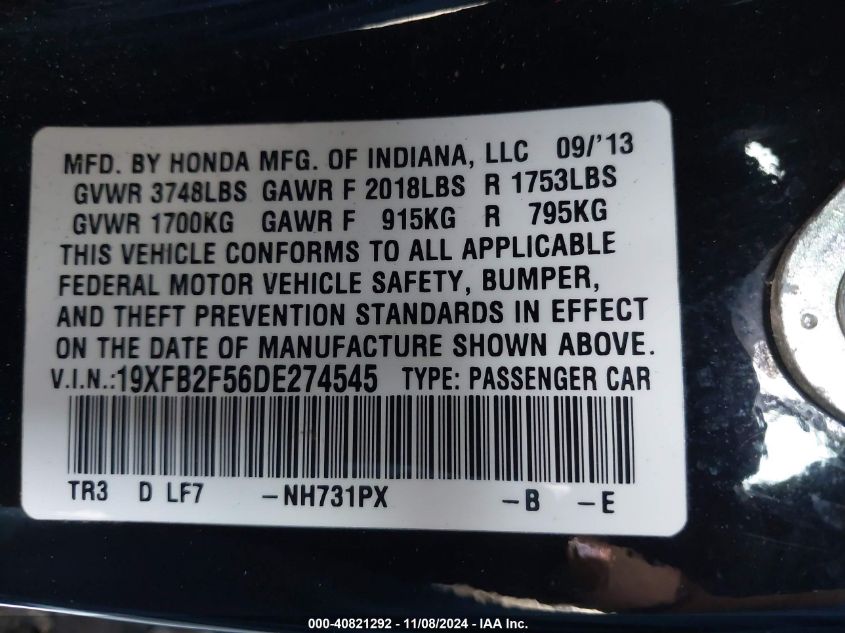 2013 Honda Civic Lx VIN: 19XFB2F56DE274545 Lot: 40821292