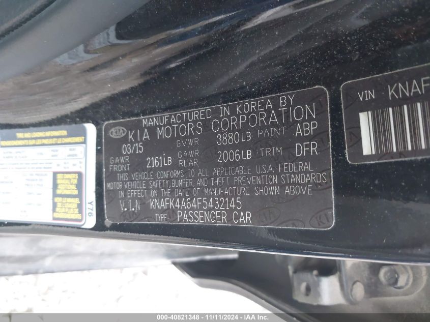 2015 KIA FORTE VIN: KNAFK4A64F5432145
