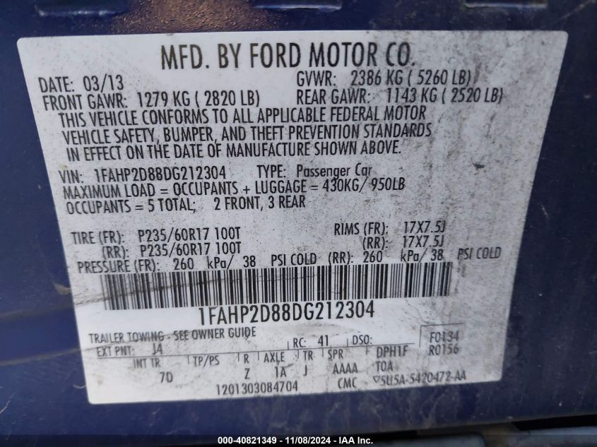 2013 Ford Taurus Se VIN: 1FAHP2D88DG212304 Lot: 40821349