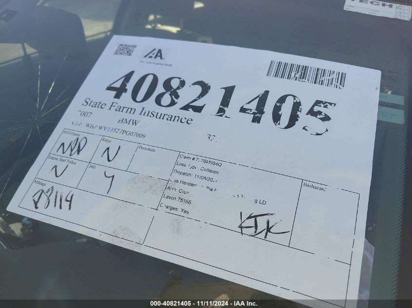 2007 BMW 328I VIN: WBAWV13527PG07009