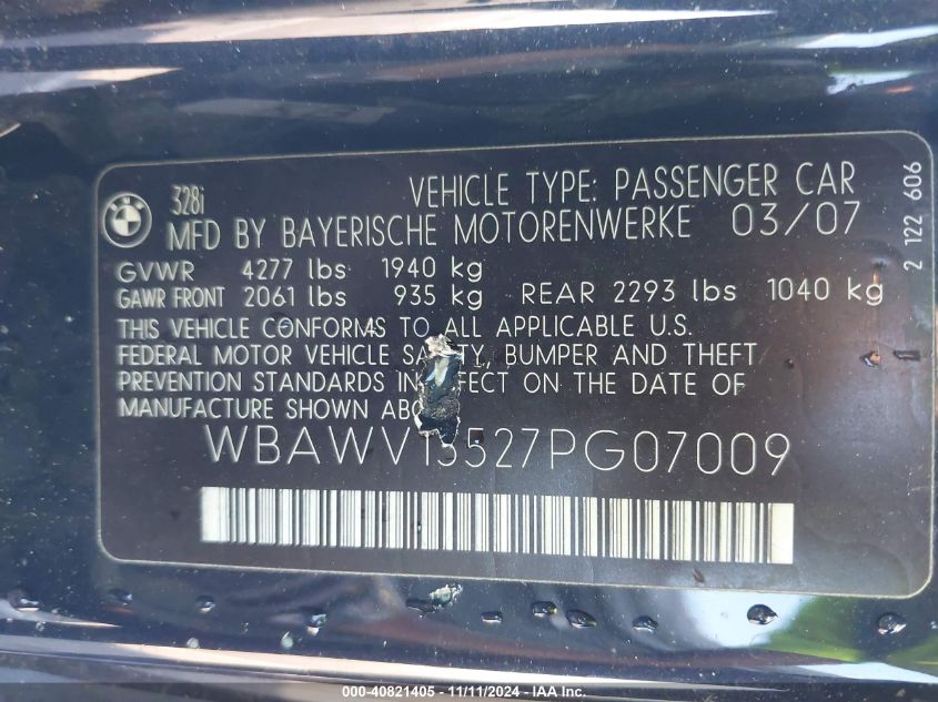2007 BMW 328I VIN: WBAWV13527PG07009