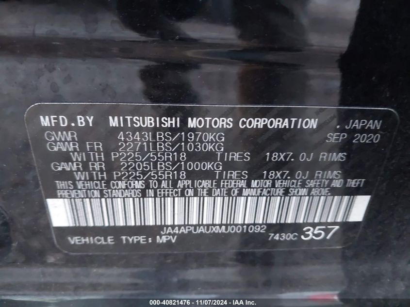 2021 Mitsubishi Outlander Sport 2.0 Es 2Wd VIN: JA4APUAUXMU001092 Lot: 40821476