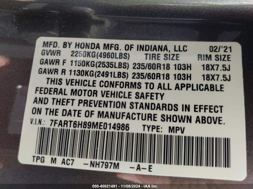 2021 Honda Cr-V Hybrid Ex-L VIN: 7FART6H89ME014986 Lot: 40821491