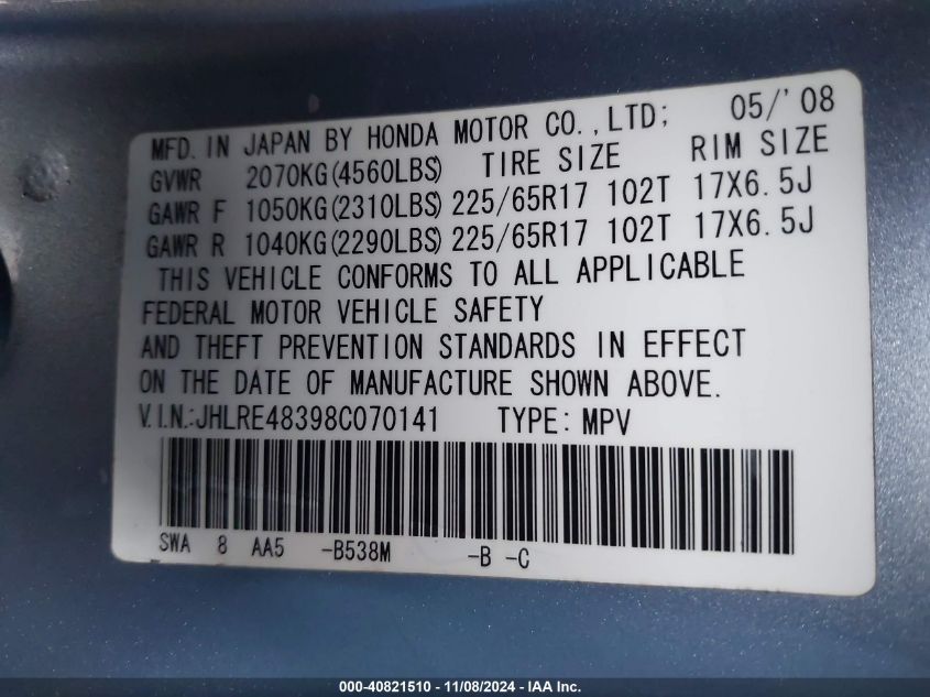 2008 Honda Cr-V Lx VIN: JHLRE48398C070141 Lot: 40821510