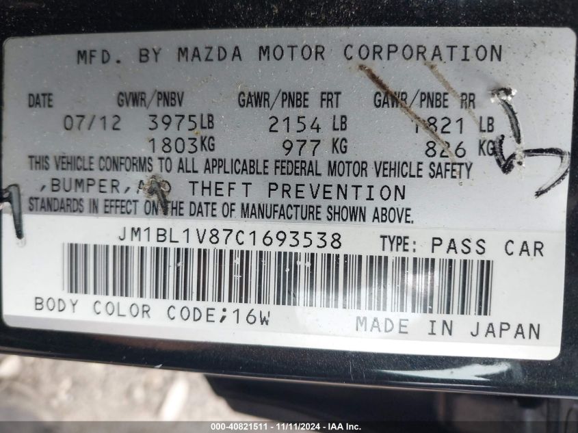 2012 Mazda 3 I VIN: JM1BL1V87C1693538 Lot: 40821511