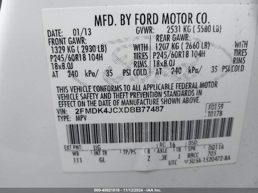 2013 Ford Edge Sel VIN: 2FMDK4JCXDBB77487 Lot: 40821518