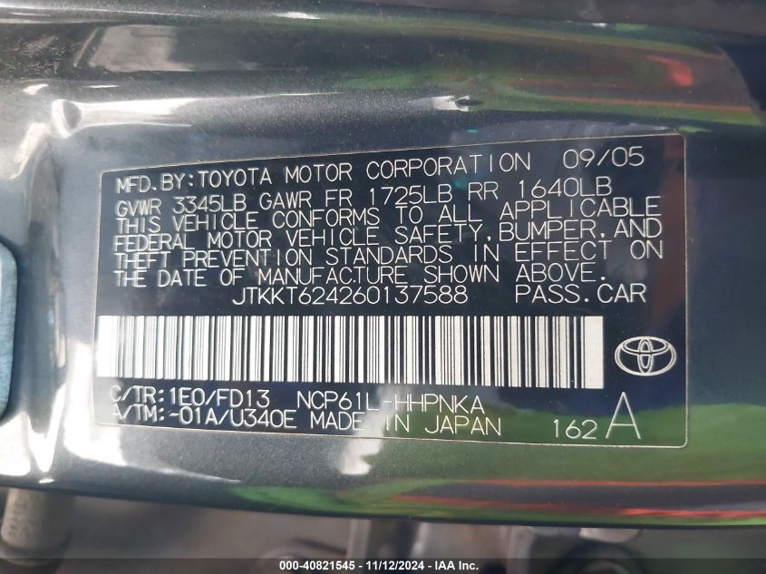 2006 TOYOTA SCION XA VIN: JTKKT624260137588